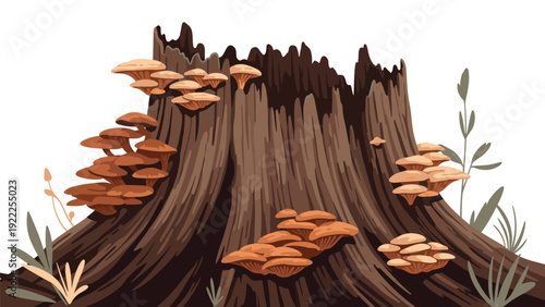 Old decaying tree stump in the forest covered with numerous small brown mushrooms and surrounded by blades of grass.