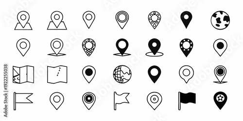 Collection of black and white vector icons depicting people locations and objects