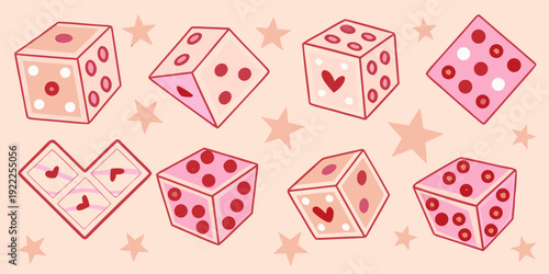 Pink and white dice with hearts and stars on a pastel background
