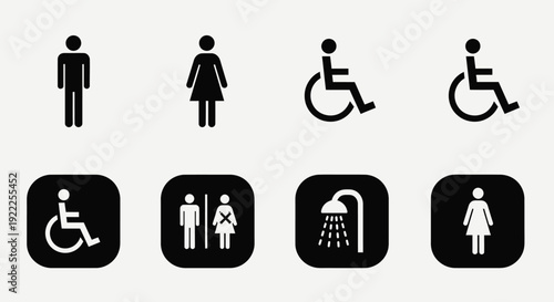 Public restroom and facility icon set featuring universal symbols.