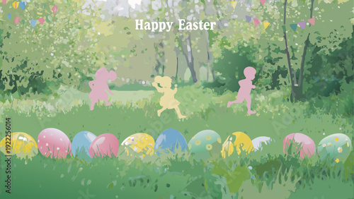 Colorful Easter eggs in grass with children running in background