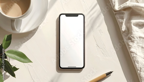 Overhead view smartphone with blank screen, coffee, pen, plant and linen on a neutral surface