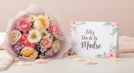 Beautiful bouquet of flowers with Mother's Day card in Spanish