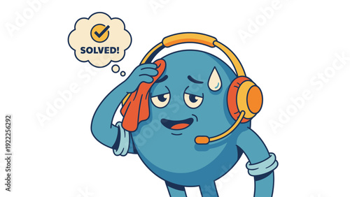 "SOLVED!" Relieved cartoon customer support agent with headset wiping sweat after successfully resolving a difficult issue.