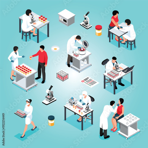 Isometric laboratory diagnostic flowchart composition with text and working scientists characters with images of lab equipment illustration