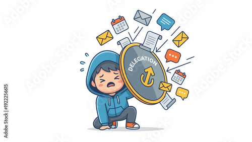 Overwhelmed person using 'Delegation' shield to manage task overload, emails, and deadlines. Stress management concept.