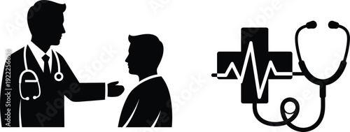 Medical professionals in healthcare setting with stethoscope and cross