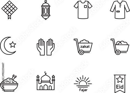 Islamic Ramadan Eid Icon Set  Vector with Mosque Crescent Ketupat Lantern Prayer Zakat and Fajar Line Icons for Mobile App UI