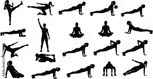 Black silhouettes of people performing various yoga and exercise poses on a white background
