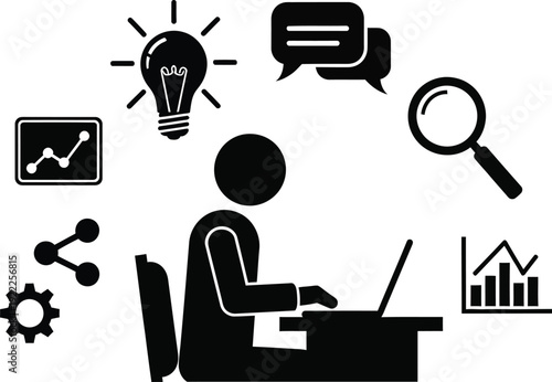 Businessman working on laptop with ideas and analysis