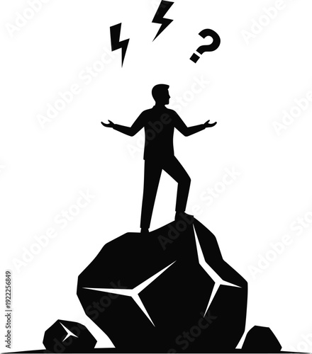 A person standing on a rock with confusion and questioning thoughts