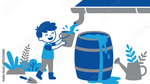 Cute cartoon boy collecting rainwater from gutter into barrel for conservation and sustainable gardening
