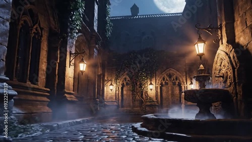 Serene Night Courtyard with Warm Lantern Lights in Cinematic 4K