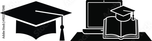 Graduation cap and educational icons representing academic achievement and learning