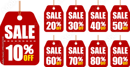 10％OFF、20％OFF、30％OFF、40％OFF、50％OFF、60％OFF、70％OFF、80％OFF、90％OFFのセールを表すディスカウントラベル　Discount Label SALE
