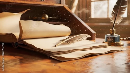 Polished Wooden Desk with Gently Moving Parchment in Cinematic 4K