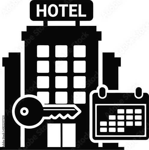 Hotel building icon with key and calendar