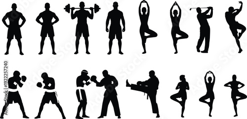 Silhouettes of people engaging in various sports and fitness activities including weightlifting, yoga, boxing, and martial arts