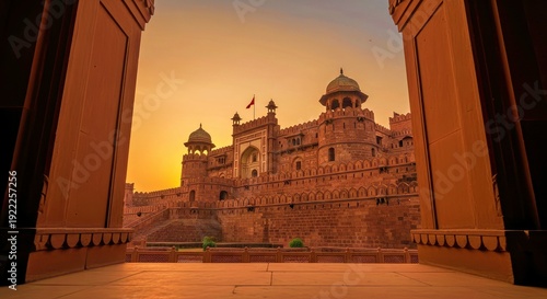 Red Fort Delhi India Historic Landmark Through Gateway at Sunset