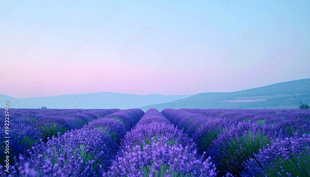 Obraz premium Lavender field with purple flowers at dusk against rolling hills