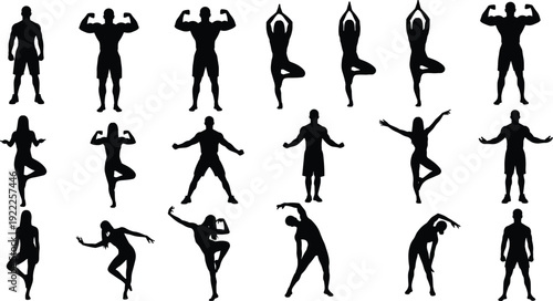 Silhouettes of people performing various exercises and yoga poses against a white background