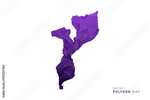 Mozambique Map - Polygon Style Vector Illustration in Deep Purple Gradient, Low Poly Geometric Design, Isolated on White Background for Infographics and Digital Use.