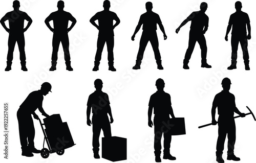 Black silhouette icons of male workers in various poses and manual labor tasks including carrying, pushing, and using tools for industrial design