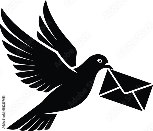 Black silhouette illustration of bird in flight carrying envelope in beak, symbolic messenger artwork representing communication and mail delivery