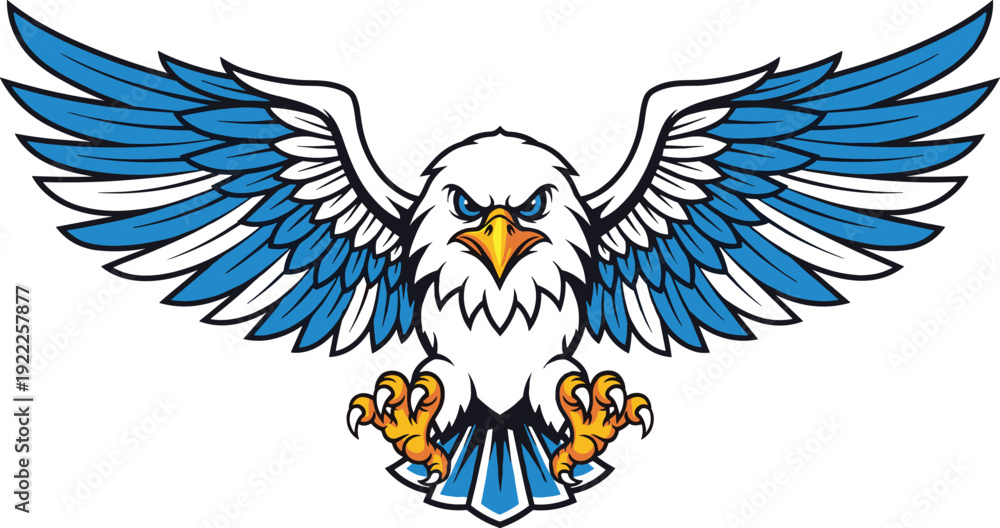 Fototapeta premium Bold stylized eagle with spread wings, fierce blue eyes, yellow beak, and symmetrical feather design symbolizing strength, freedom, and vigilance