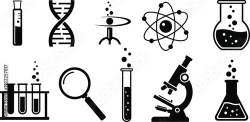 Science laboratory equipment and biology icons set