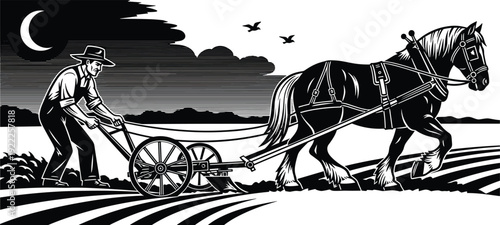 Black-and-white illustration of farmer guiding horse-drawn plow across field under moon and clouds, traditional agriculture and historical farming artwork