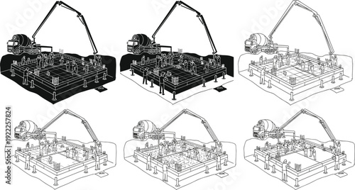 Black-and-white illustration sequence showing six stages of concrete slab pouring with mixer truck, pump arm, workers, and reinforced foundation structure