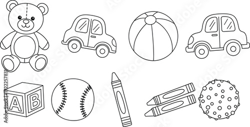 Black-and-white line art illustrations of children’s toys including teddy bear, cars, balls, blocks, and crayons for educational design projects