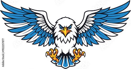 Bold stylized eagle with spread wings, fierce blue eyes, yellow beak, and symmetrical feather design symbolizing strength, freedom, and vigilance