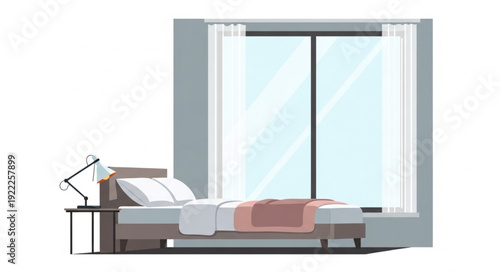 Modern Bedroom Interior with Large Window and Bed.