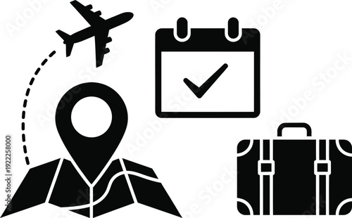 Travel planning and organization concept with airplane map pin calendar and suitcase