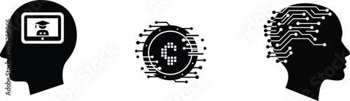 Silhouette illustrations representing human mind and technology interaction