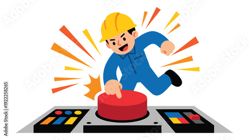 Worker pressing red emergency stop button on control panel. Urgent industrial safety action and alert concept.