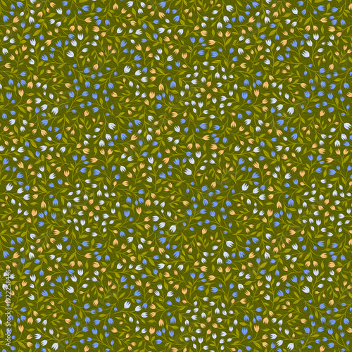 Handcrafted, wool fiber effect Bright, colorful small tulips on a green background Simple, small floral, plant-based, natural pattern