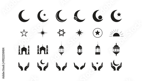 Elegant Collection of Islamic Celebration Symbols, Crescent Moon and Star Icons for Ramadan Design