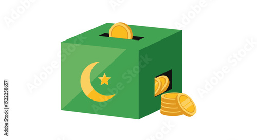 Green charity box with coins and crescent moon star.