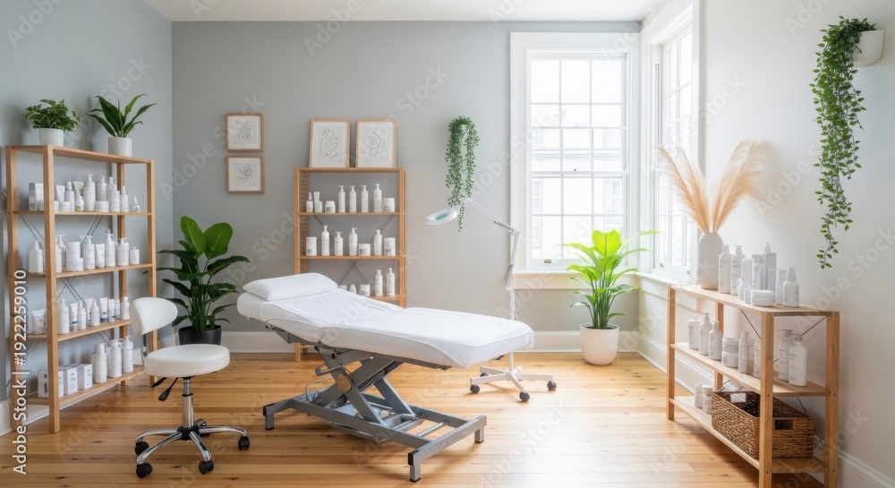 Fototapeta premium Modern minimalist beauty salon interior with white treatment bed, wooden shelves, and various white cosmetic product bottles