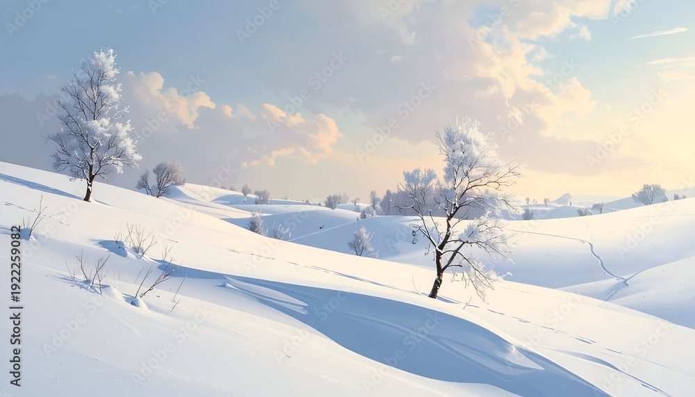 Obraz premium Serene winter landscape features snow-covered hills with frosted trees under a cloudy sky