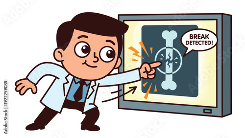 Cartoon Doctor Diagnosing Broken Bone on X-ray Screen Illustration