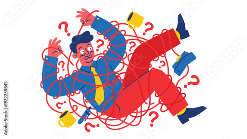 Stressed businessman tangled in a mess of problems and questions, feeling overwhelmed and confused. Business challenges concept.