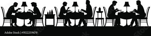 Restaurant dining silhouette vector illustration of couples eating at tables with lamps in black and white cafe scene