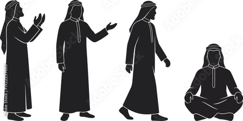 2026 Collection of Arab Muslim Man Silhouettes in Traditional Middle Eastern Clothing Showing Various Poses Isolated on White Background