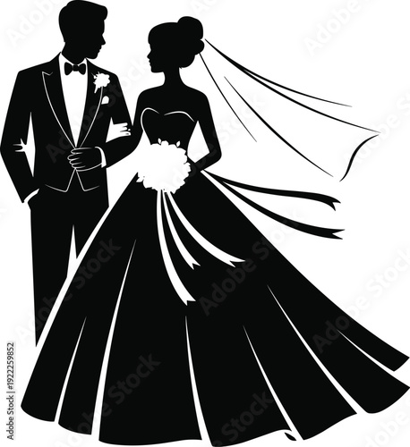Elegant wedding couple silhouette vector illustration of bride in ballgown and groom in tuxedo isolated floral wedding design