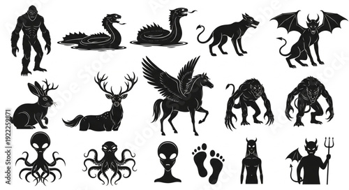 Collection of mythical creatures and cryptids silhouettes.