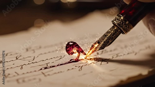 Elegant Fountain Pen Writing Glowing Light Trails on Parchment in Cinematic 4K